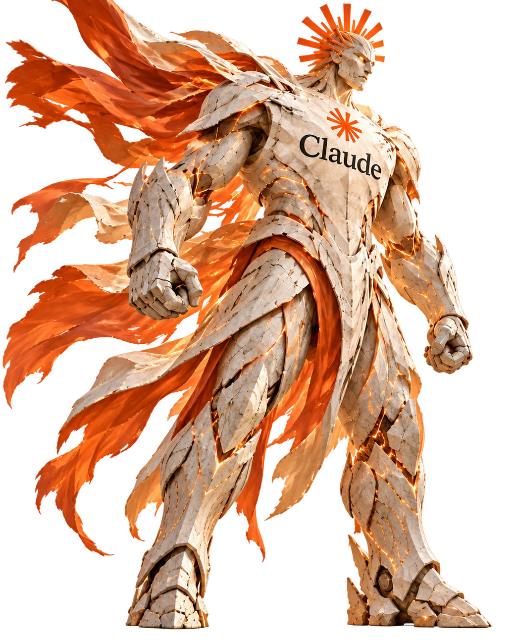 Claudnator, an ivory-armored champion with an orange cape